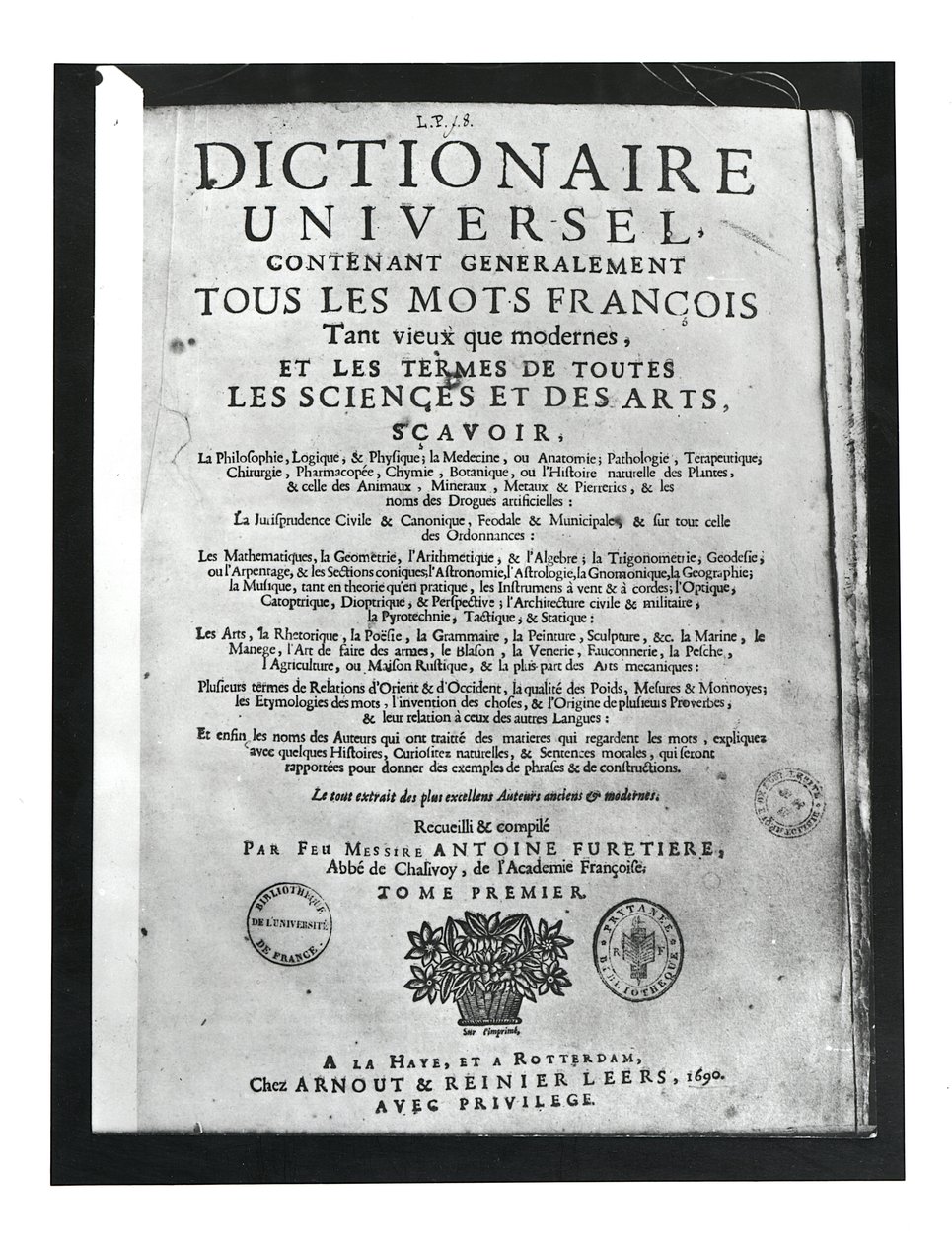 Titelsida för Dictionnaire Universel av Antoine Furetiere (1619-88) 1690 (tryckt) av French School