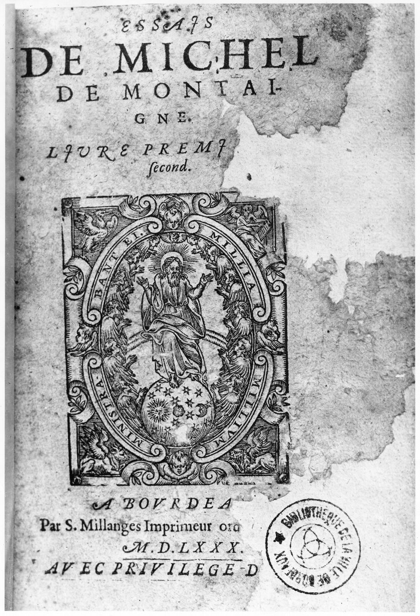 Titelsidan för den första upplagan av Essais av Michel de Montaigne (1533-92) 1580 av French School