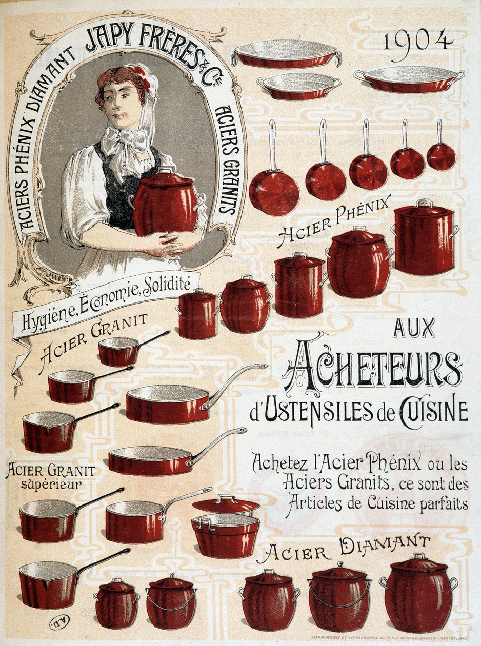 Till köpare av köksredskap. Köp Phenix Steel eller Granit Steel, det här är perfekta köksartiklar - Reklametikett av French School