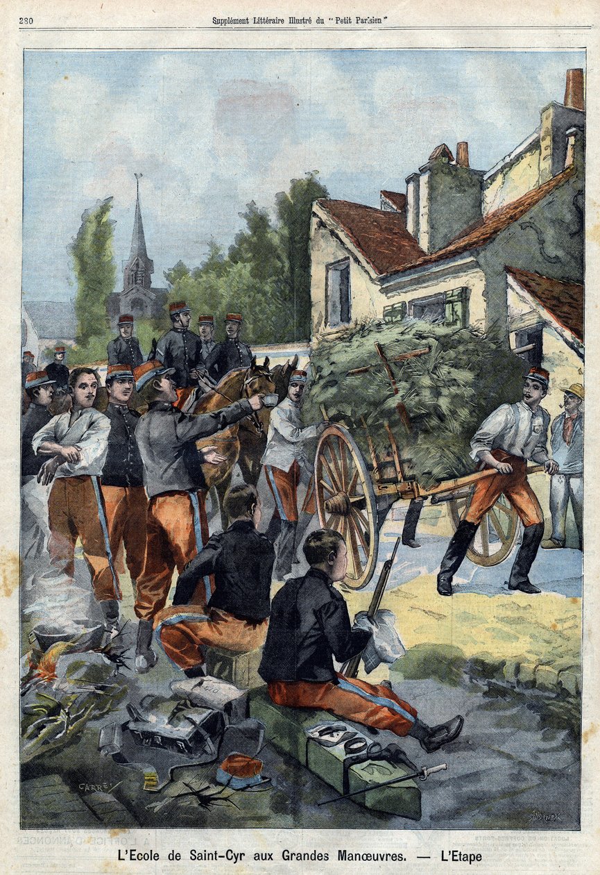 För att ge en uppfattning om livet för en soldat i fältet skickas eleverna på skolan i Saint Cyr på en manöver för att utföra sina egna försörjningssysslor. Gravyr i "Le Petit Parisien" 1901-09-01 (gravyr) av French School