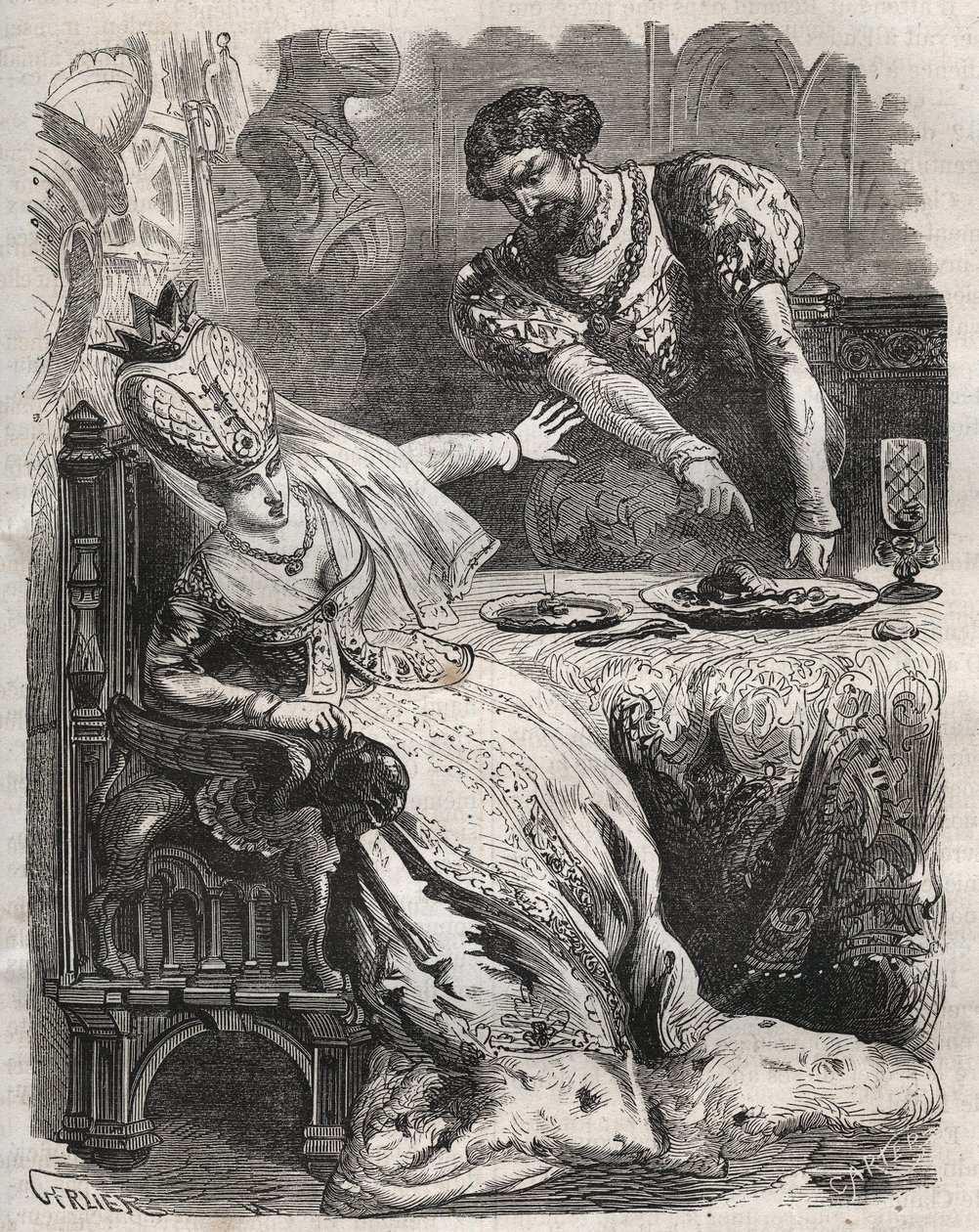 För att hämnas för sin fru Gabrielle de Vergys otrohet, låter Eudes de Fayel honom äta utan hans vetskap hjärtat av sin älskare, Raoul de Coucy. Scen av en legend från 1100-talet enligt vilken Raoul I de Coucy (efter 1142-1191) bad att h av French School