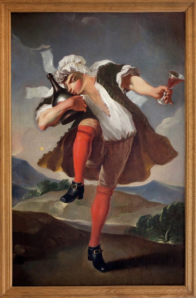 Till de tre återförenade orden. En man som representerar prästen, noblessen och tredje staten håller i ett glas rött vin och kysser en flaska. Målat skylt av vinhandlare. Anonym målning, revolutionerande period av French School