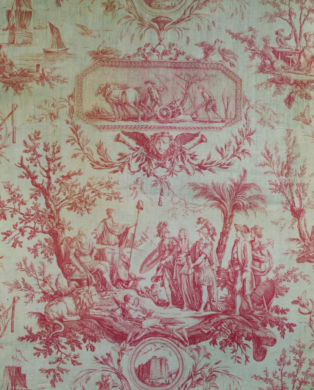 Toile de Jouy (efter mönster av Jean-Baptiste Huet 1772-1793), Illustrerande en allegori av Ludvig XVI (1754-1793), kung av Frankrike, återställare av frihet i februari 1790 (tryckt bomull) av French School