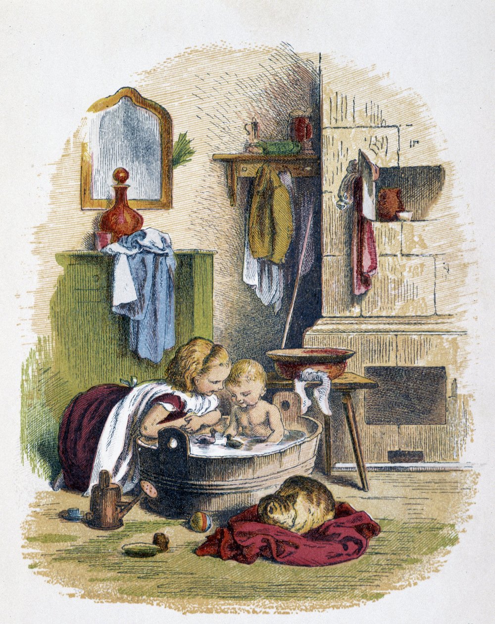 Toalett i "" Schnik, schnak, småsaker för de minsta"", barnspel. ed. London- Georges Ronthedge och söner. New York, Den breda vägen Ludgate n.d. c. 1890. av French School
