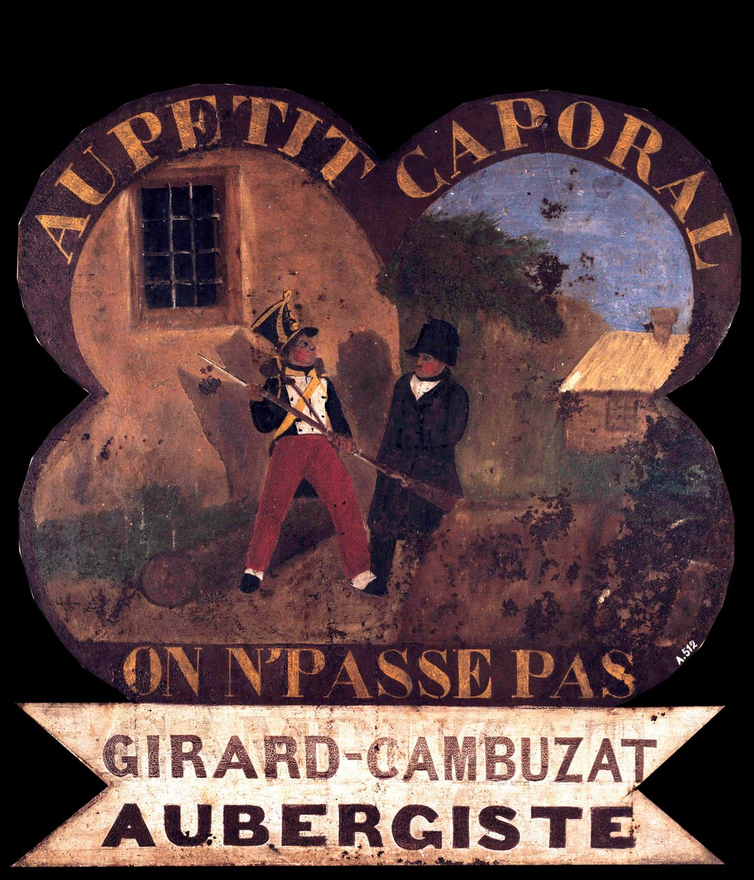 Tole inn skylt "" Till den lille korpralen""" 1850 om med Napoleon I. Ön Aix, Napoleonska museet av French School