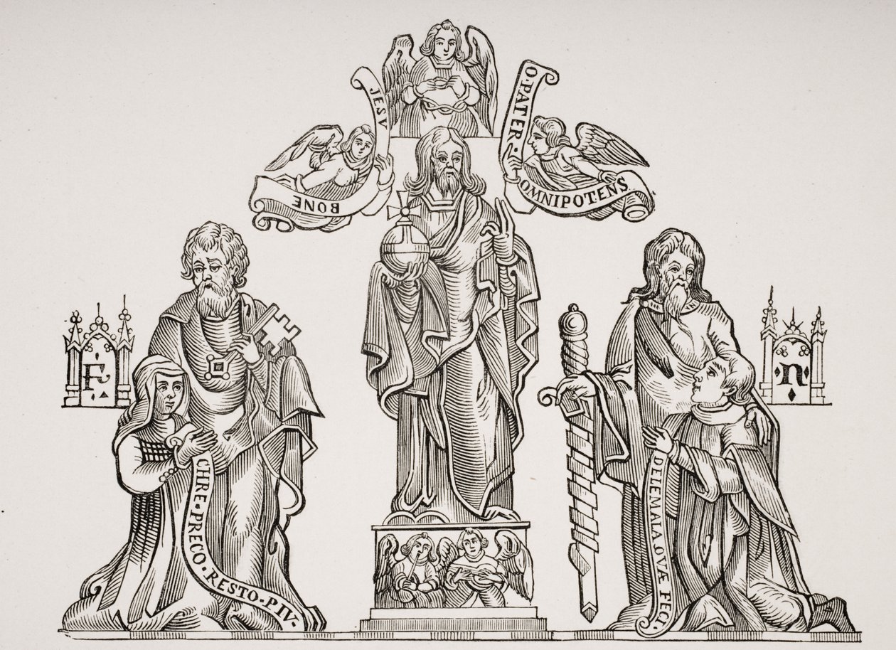 Gravdekoration föreställande Nicholas Flamel (c.1330-c.1418) och hans hustru Pernelle, efter dekorationer på de oskyldigas kyrkogård, Paris, från Le Moyen Age et La Renaissance av Paul Lacroix (1806-84) av French School