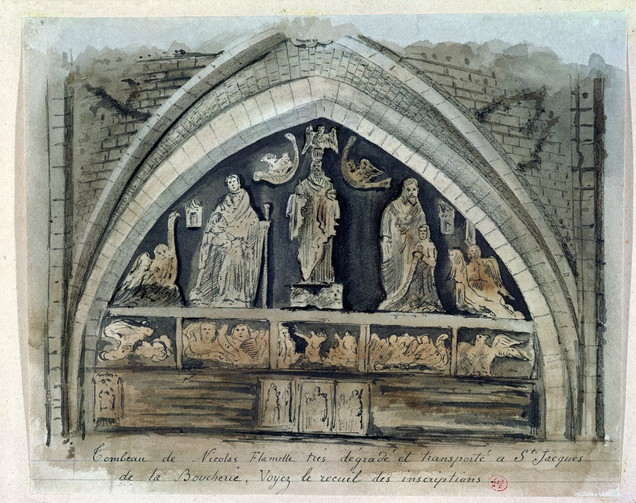 Nicolas Flamels grav (ca 1330-1418) vid Cimetiere des Innocents (wc på papper) av French School