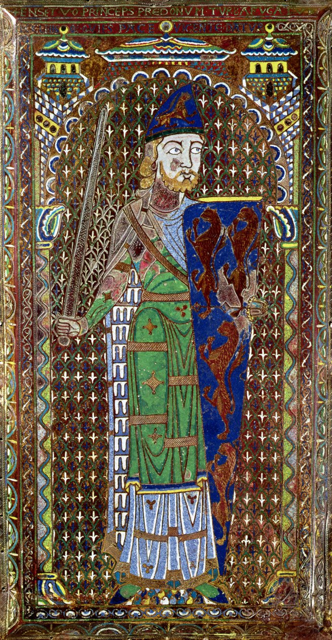 Gravplakett över Geoffrey Plantagenet (1113-51) från katedralen St. Julien, Le Mans, c.1151-55 (emalj på förgylld koppar) (se även 179331) av French School
