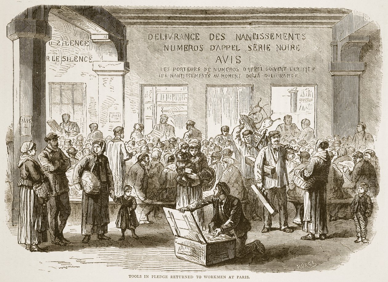 Verktyg i pant återlämnades till arbetare i Paris, illustration från Cassells historia om kriget mellan Frankrike och Tyskland, 1870-1871 av French School