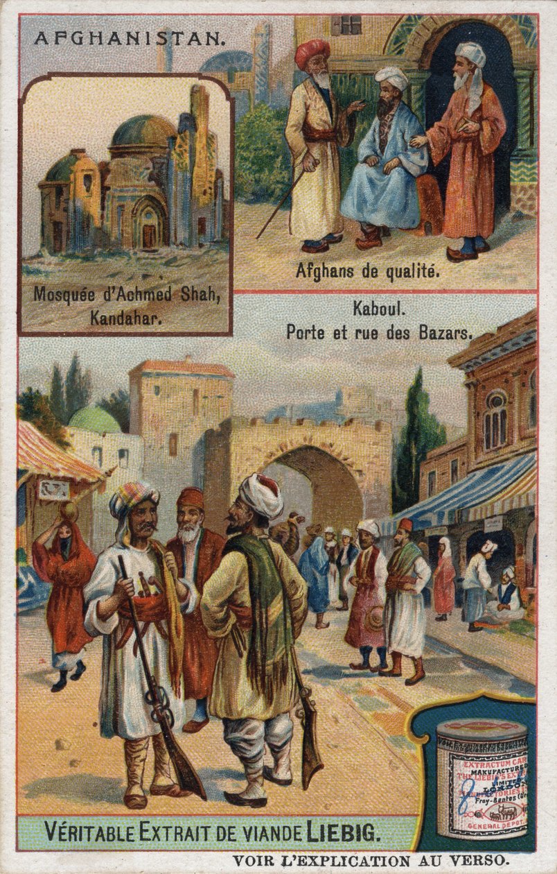 Överst: Achmed Shah-moskén i Kandahar och porträtt av rika afghaner. Nederst: Kabul-basaren i Afghanistan. Reklamkromolitografi från 1800-talet. av French School