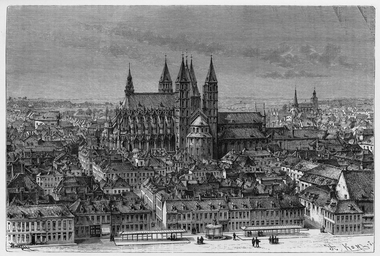 Tournai: yttre vy av Notre-Dame (Notre Dame) och panorama över staden. Gravyr av Barclay, för att illustrera berättelsen "" Belgien", av Camille Lemonnier (1844-1913) belgisk författare. Publicerad i Le Tour du monde, nouveau journal des voyages, 2nd semes av French School