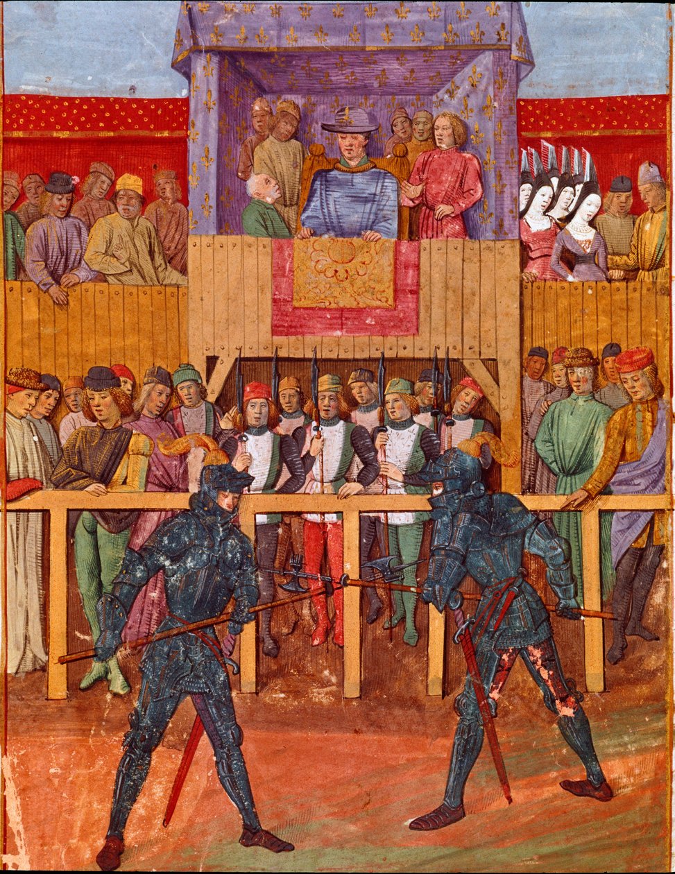 Turneringsscen mot två riddare i miniatyrrustning från "Le Jouvencel" av Jean V de Bueil (1406-1477) av French School