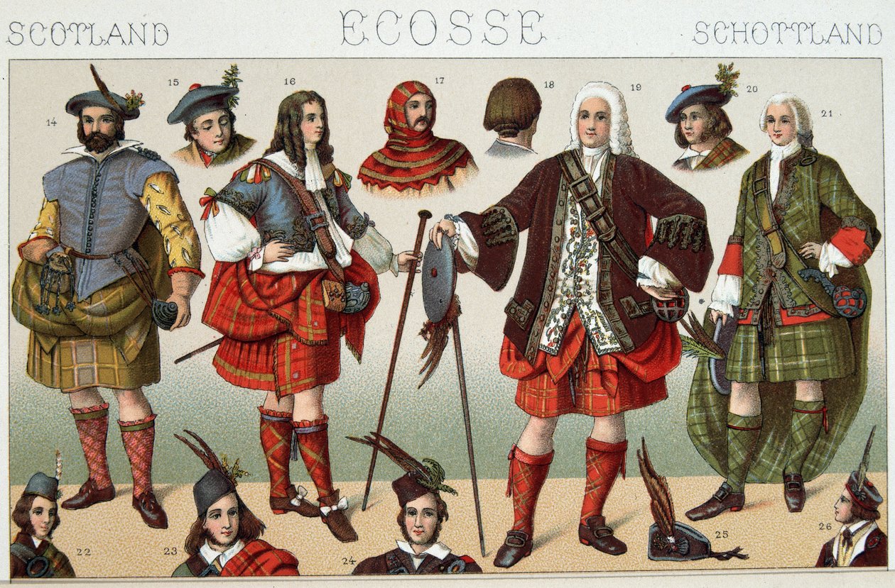 Traditionella skotska dräkter - i "" Le costume historique"" av Racinet av French School