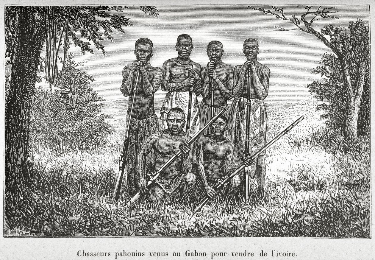 Traditionell dräkt för ursprungsbefolkningen i Gabon, illustration från 