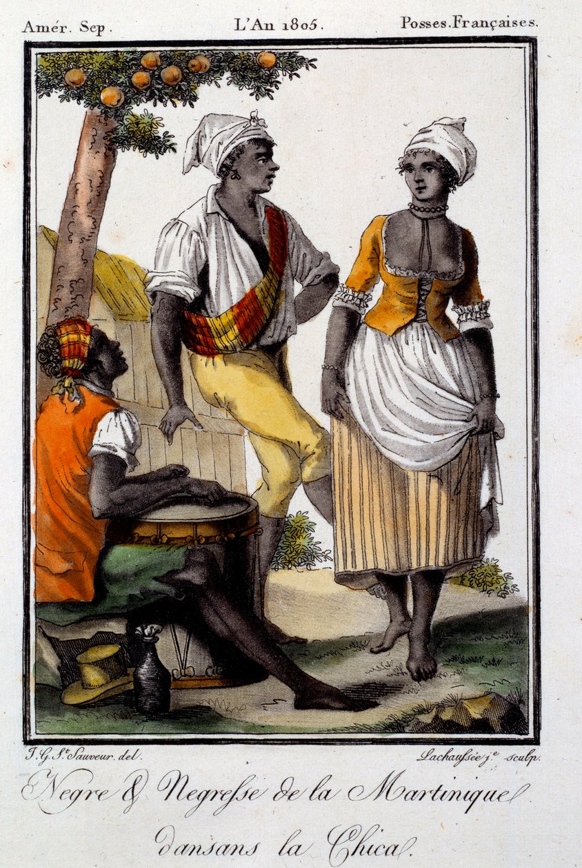 Traditionell dans: Martiniques invånare dansar chica. Gravyr från 1805. Chartres, Museum of Fine Arts av French School
