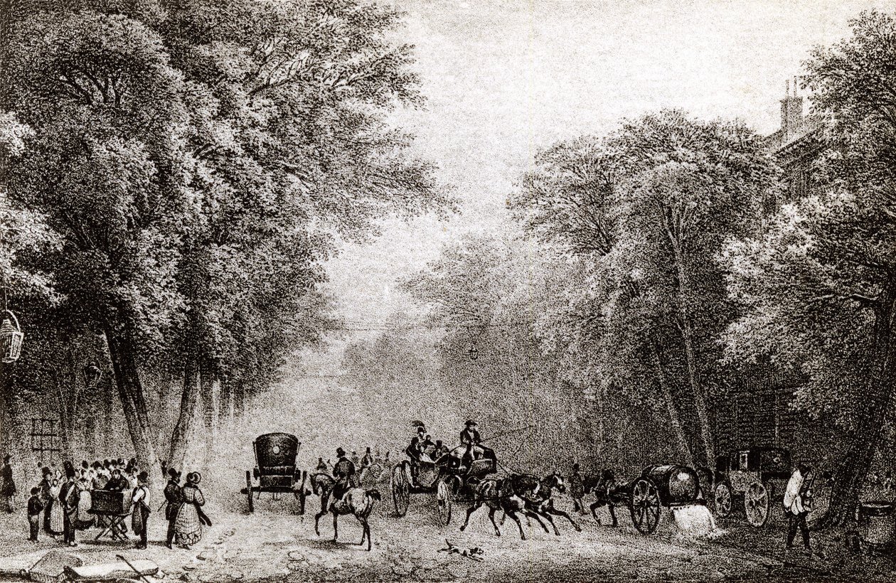 Trafik i Paris, Frankrike, på 1800-talet, cirka 1830 av French School