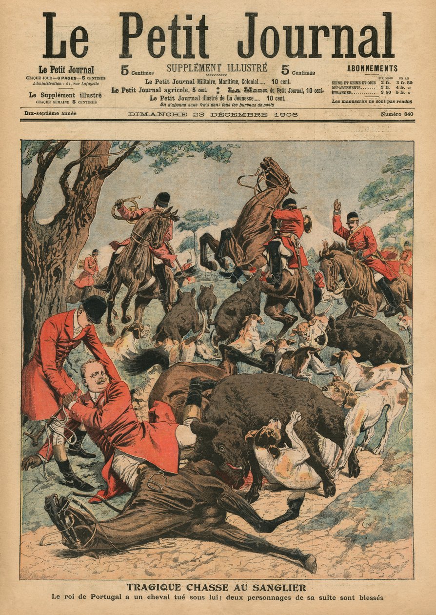 Tragisk galtjakt, hästen av Carlos I, kung av Portugal, dödas under honom, framsidans illustration från 