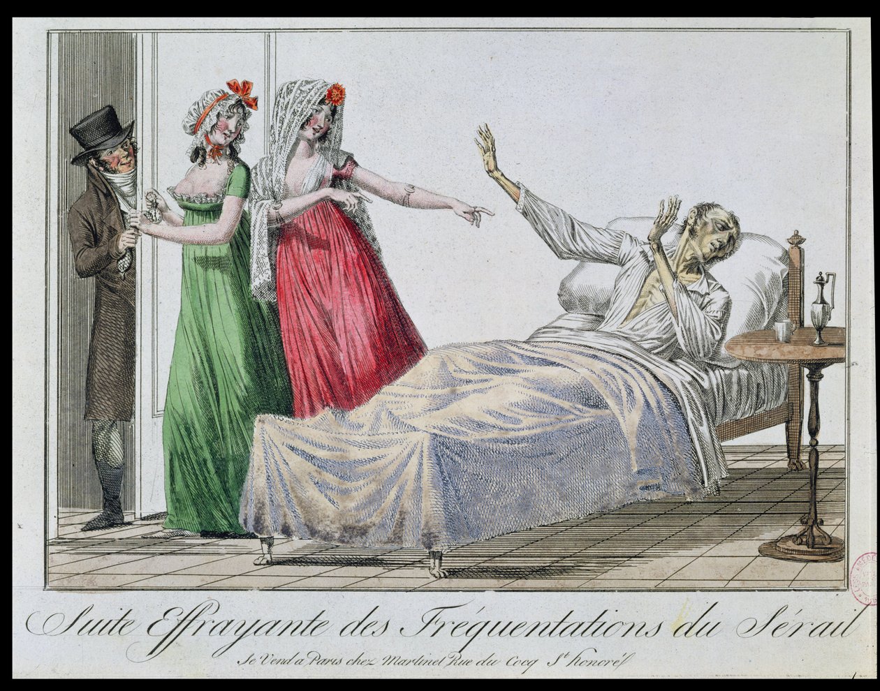 Tragisk konsekvens av att besöka bordeller, karikatyr av en syfilitiker, ca 1800 (färgstick) av French School