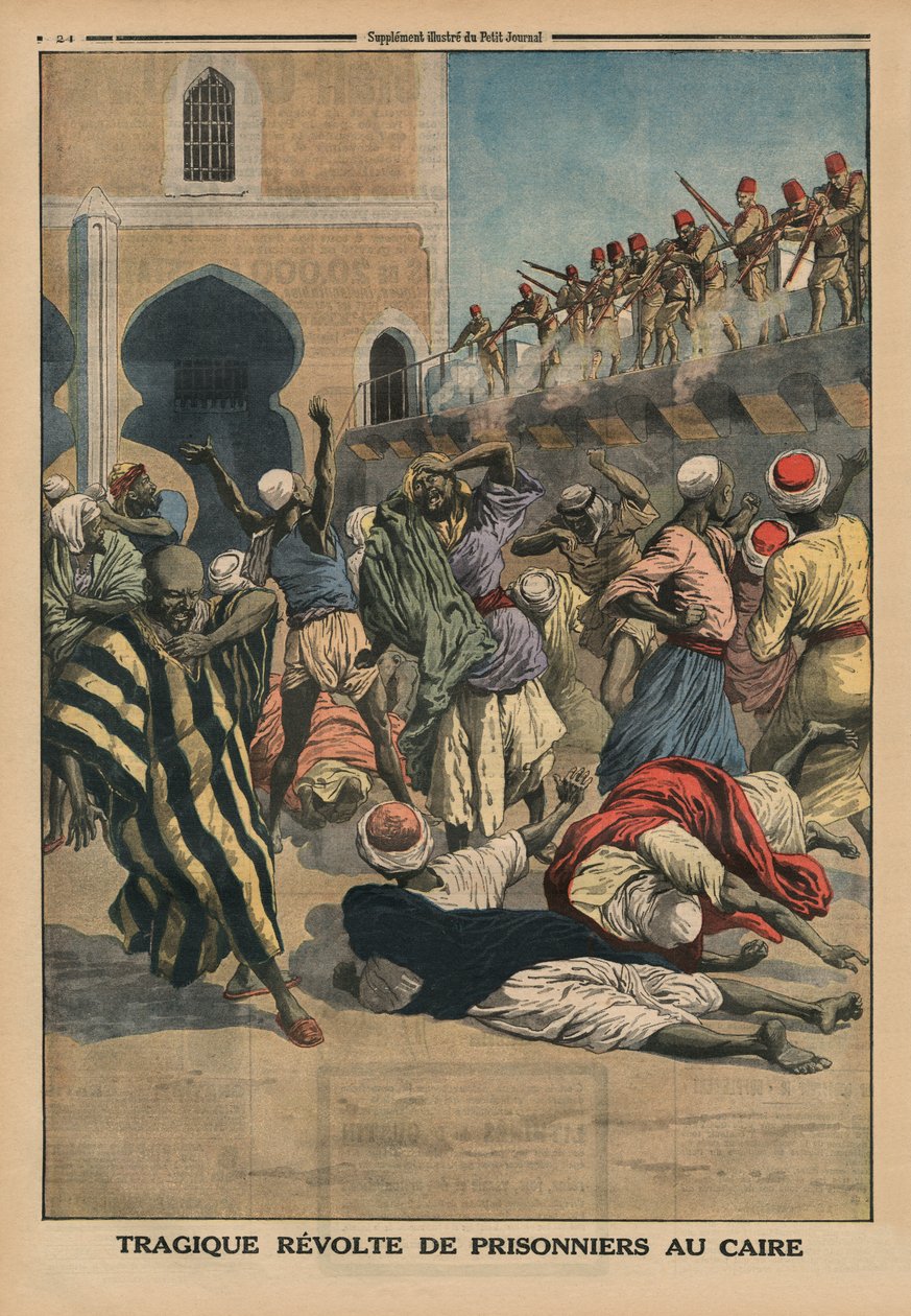 Tragiskt uppror av fångar i Kairo, illustration på baksidan från "Le Petit Journal", bilaga illustre, 18 januari 1914 av French School