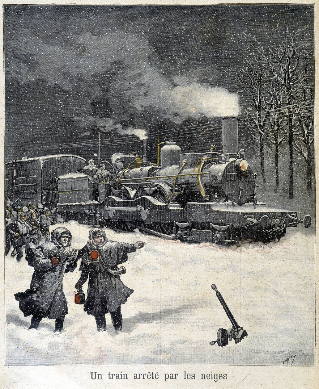 Tåget tvingades stanna av snö. Illustration av tidningen "" Le Petit Parisien"" från mars 1892. av French School