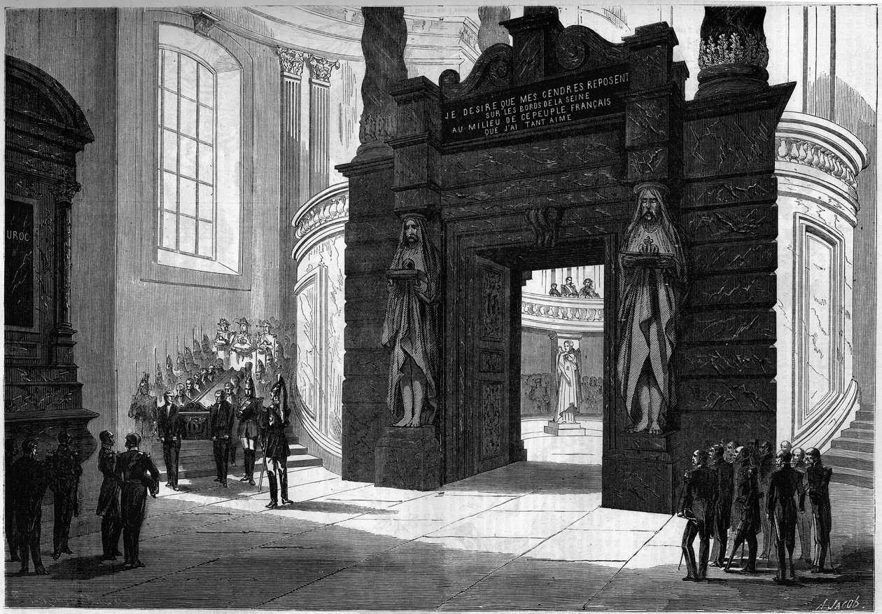 Överföring av askan från Napoleon I (1769-1821) från kapellet Saint Hieronymus till graven som byggdes under invalidernas kupol. Paris, 2 april 1861. Gravyr i "" Le Monde Illustré"" nr 209 av 13 april 1861. av French School