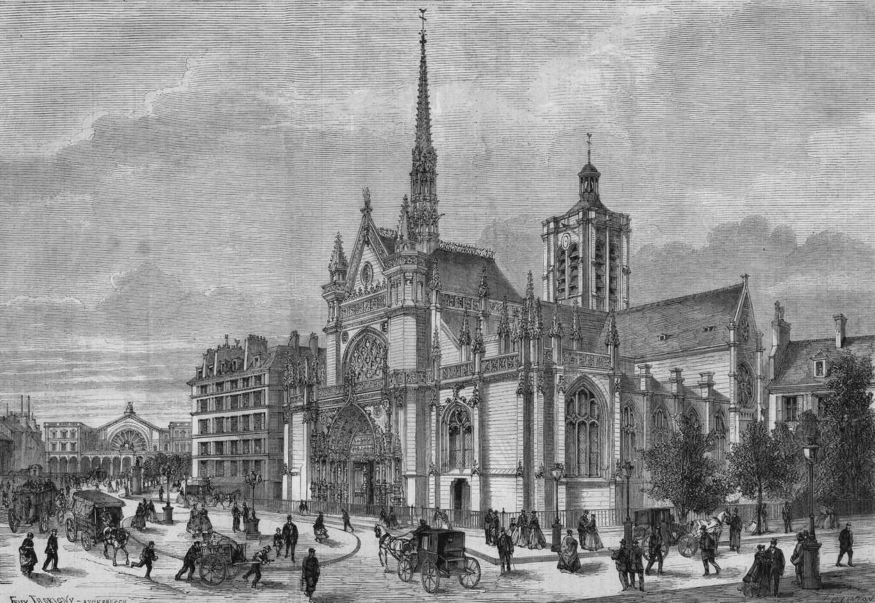 Förvandlingar av Paris under det andra imperiet, Haussmannian Paris: utsikt över den nya neogotiska fasaden av Saint Laurent-kyrkan, boulevard de Strasbourg, restaurerad av arkitekten Simon Claude Constant Dufeux (Constant-Dufeux) (1801-1870) av French School