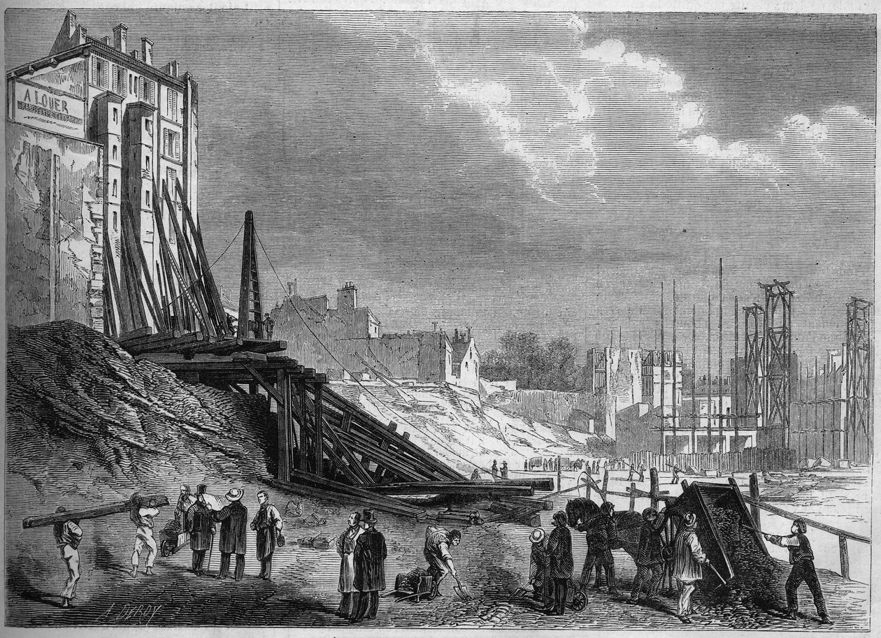 Förvandlingar av Paris under det andra imperiet, Haussmanniska Paris: utsikt över rivningarna på platsen för Square Montholon, rue Lafayette. Gravyr i ""Le Monde Illustre"" nr 335 den 12 september 1863. av French School