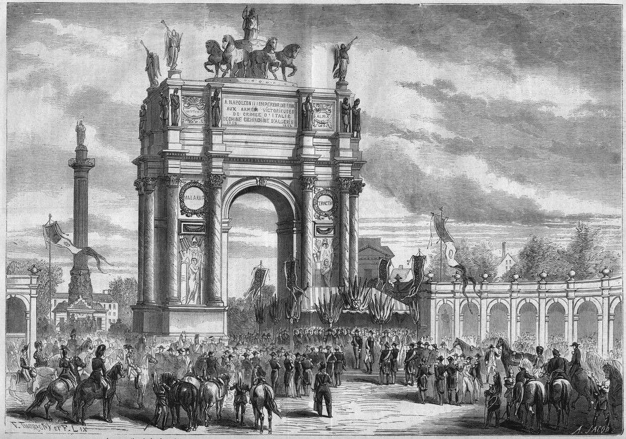 Förvandlingar av Paris under det andra imperiet, Haussmann Paris: triumfbåge vid invigningen av Boulevard du Prince Eugene (idag Boulevard Voltaire) av Napoleon III. Gravyr i "" Le Monde Illustré"" nr 296 av 13 december 1862. av French School