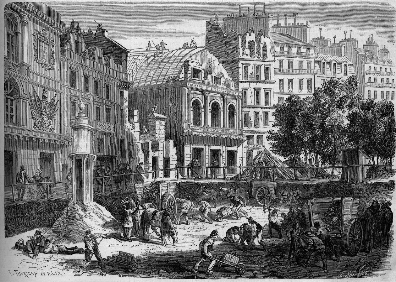 Förvandlingar av Paris under det andra imperiet, Haussmann Paris: rivning av teatrar i templet för genomborrning av Boulevard du Prince Eugene (idag boulevard Voltaire). Gravyr i "" Le Monde Illustré"" nr 278 den 9 augusti av French School