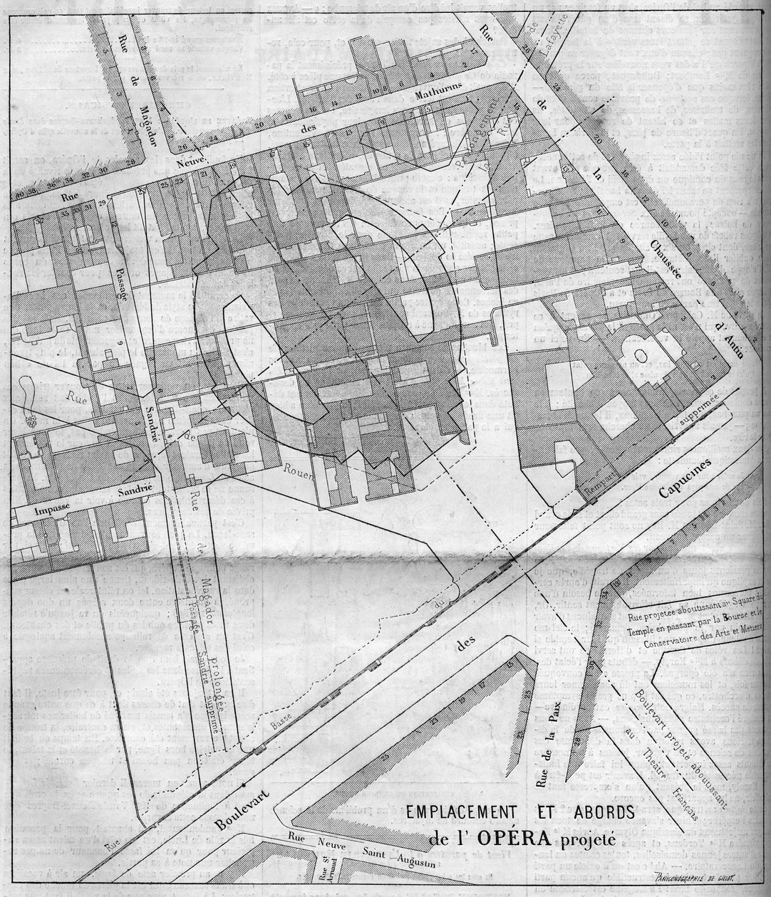Förvandlingar av Paris under det andra imperiet, Haussmann Paris: projicerad plan för Opera Garnier i Paris 1860. Gravyr i "" Le Monde Illustré"" nr 183 av 13 oktober 1860. av French School