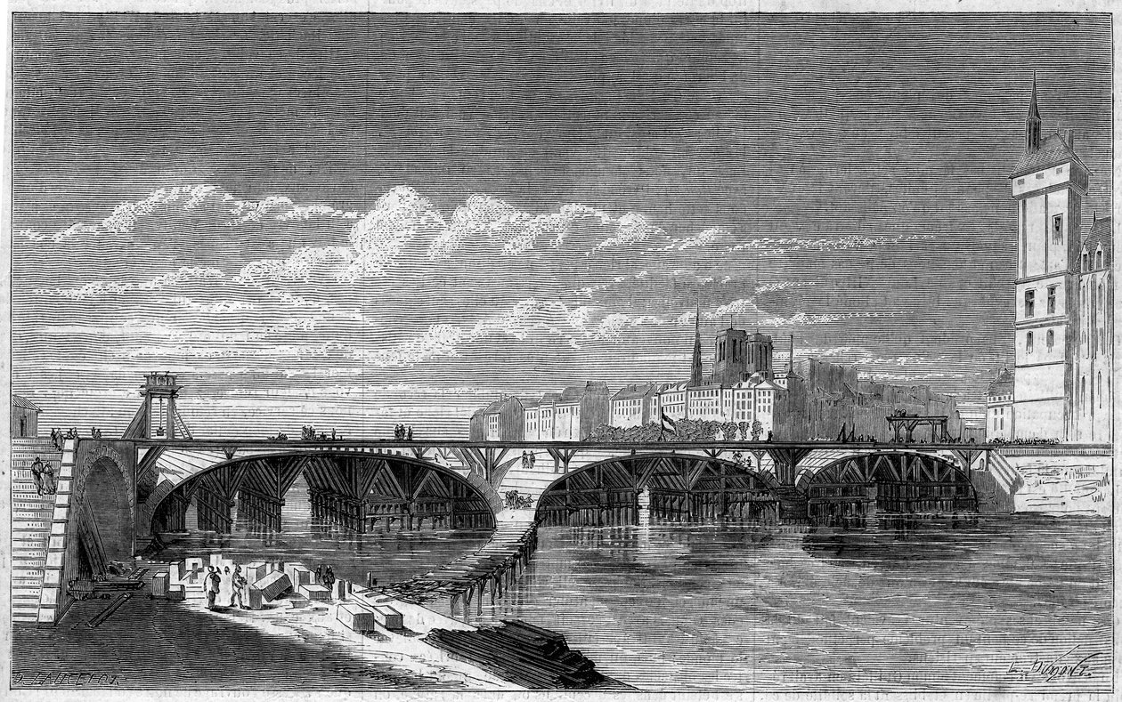 Förvandlingar av Paris under det andra imperiet, Haussmann Paris: utsikt över Pont au Change under dess återuppbyggnad. Gravyr i "" Le Monde Illustré"" nr 169 av den 7 juli 1860. av French School