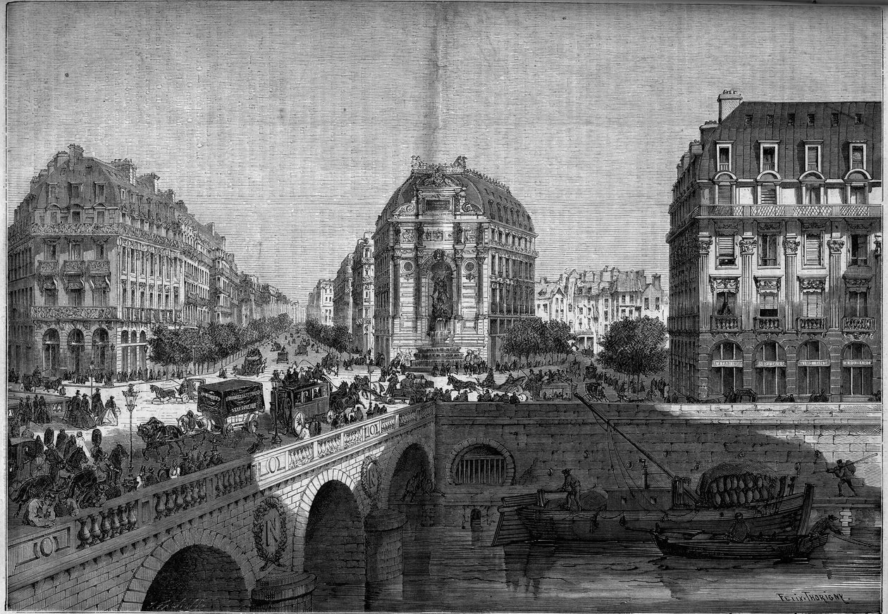 Förvandlingar av Paris under det andra imperiet, Haussmann Paris: utsikt över fontänen Saint Michel (1860) på Boulevard de Sebastopol. Gravyr i "" Le Monde Illustré"" nr 175 av 18 augusti 1860. av French School