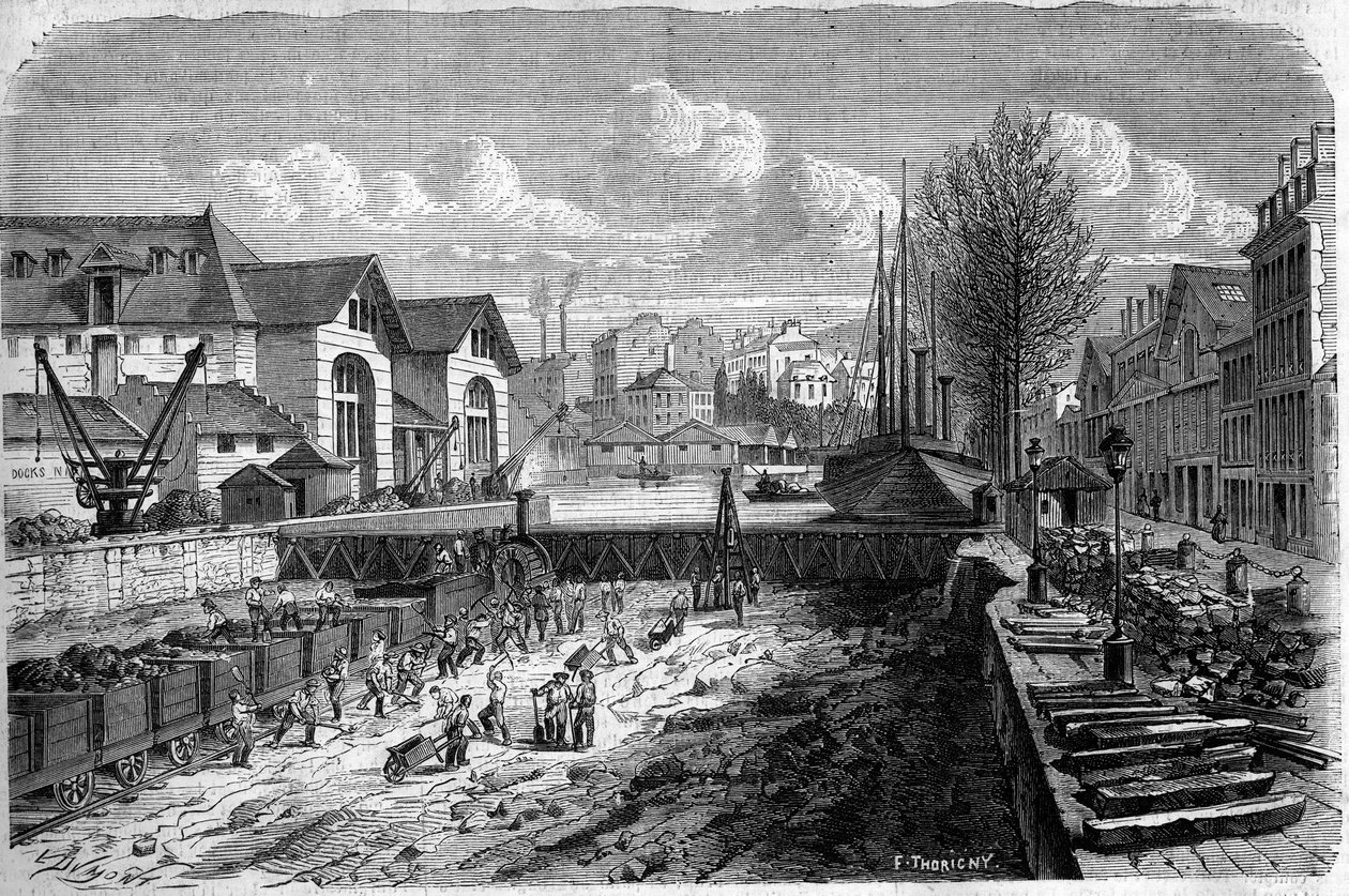 Förvandlingar av Paris under det andra imperiet, Haussmann Paris: arbeten utförda för att sänka vattenkroppen i Canal Saint Martin. Gravyr i "" Le Monde Illustré"" nr 143 av 7 januari 1860. av French School
