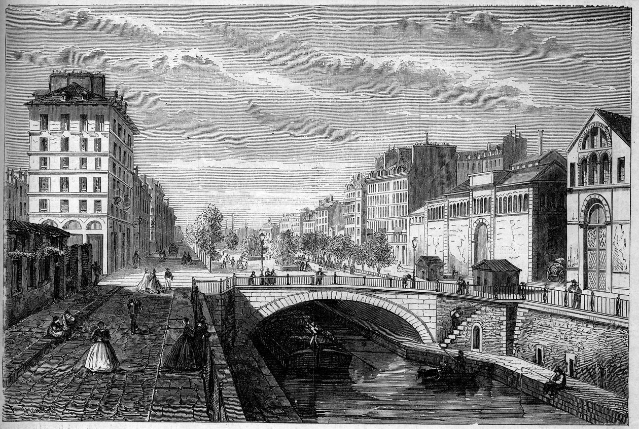 Förvandlingar av Paris under det andra imperiet, Haussmanniska Paris: utsikt över boulevarden Richard Lenoir som är etablerad vid valvet av Canal Saint Martin. Gravyr i "" Le Monde Illustré"" nr 233 den 28 september av French School