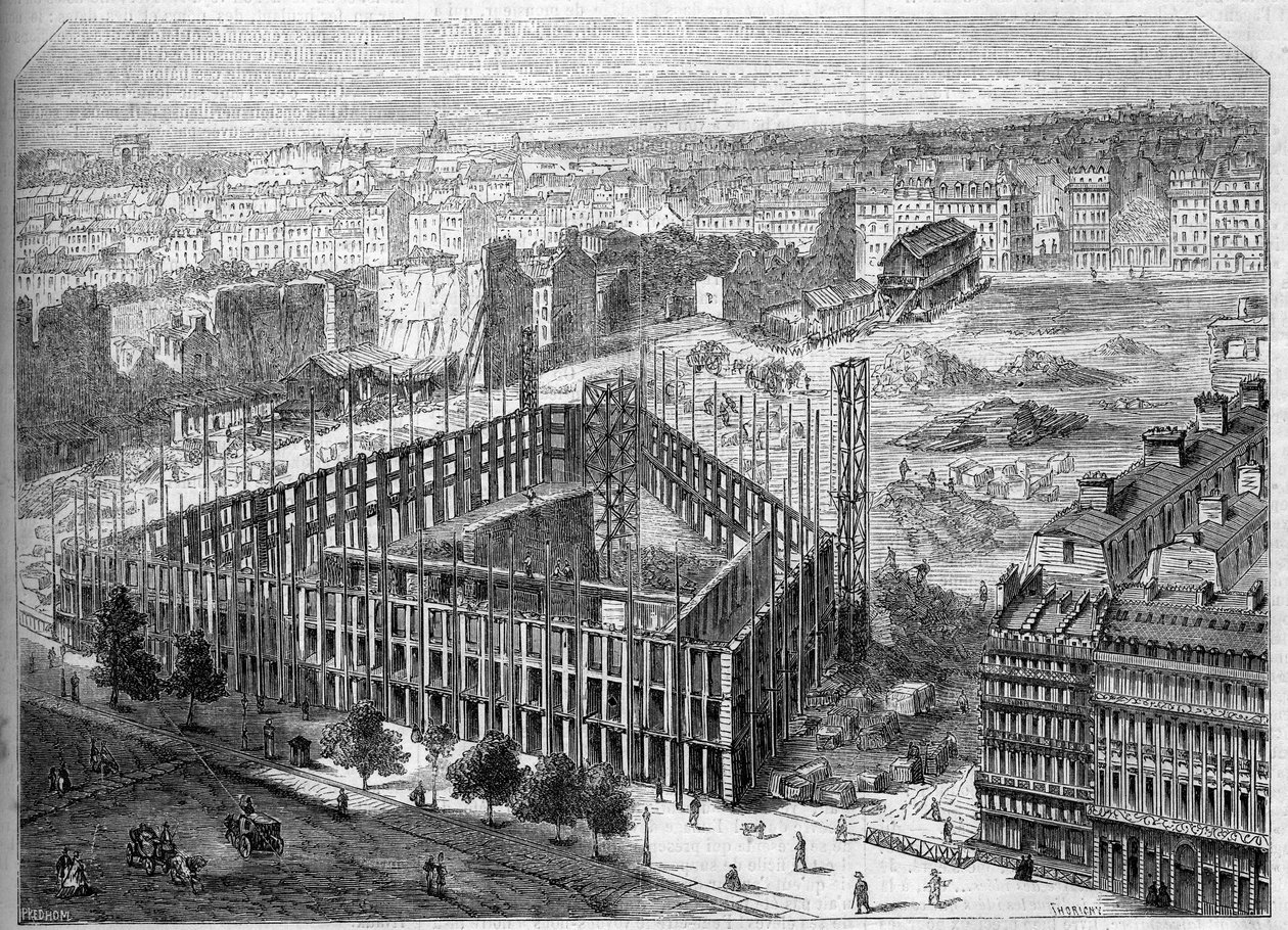 Förvandlingar av Paris under det andra imperiet, Paris Haussmann: byggandet av Hotel de la Paix och utsikt över platsen för den framtida Opera Garnier, mellan gatorna Neuve des Mathurins, Chaussee d