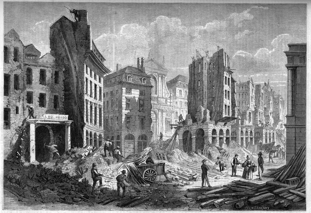 Förvandlingar av Paris under det andra imperiet, Paris Haussmann: rivning av Rue de la Barillerie för piercing av Boulevard Sebastopol. Gravyr i "" Le Monde Illustré"" nr 126 av 10 september 1859. av French School