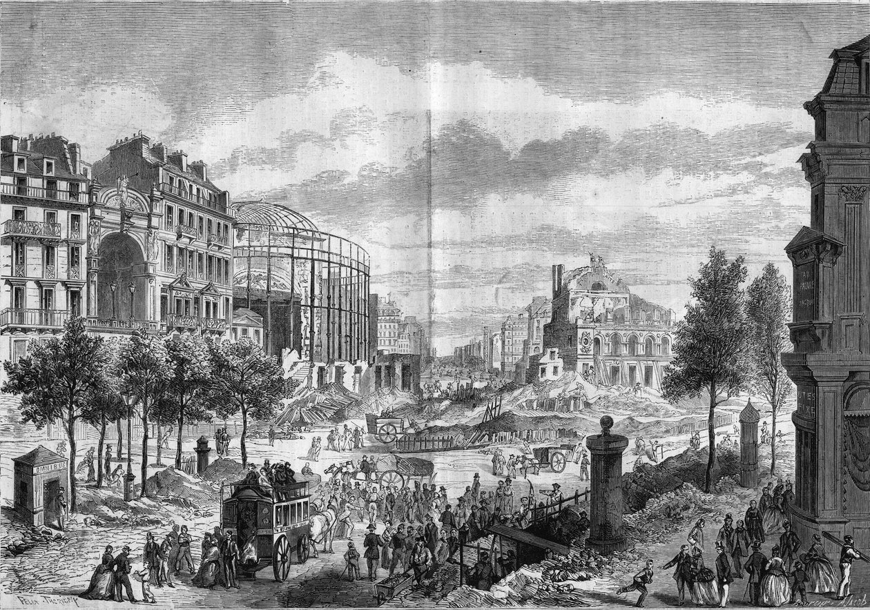 Förvandlingar av Paris under det andra imperiet, Paris Haussmann: piercing av Boulevard du Prince Eugene (nuvarande Boulevard Voltaire). Gravyr i "" Le Monde Illustré"" nr 284 av 20 september 1862. av French School