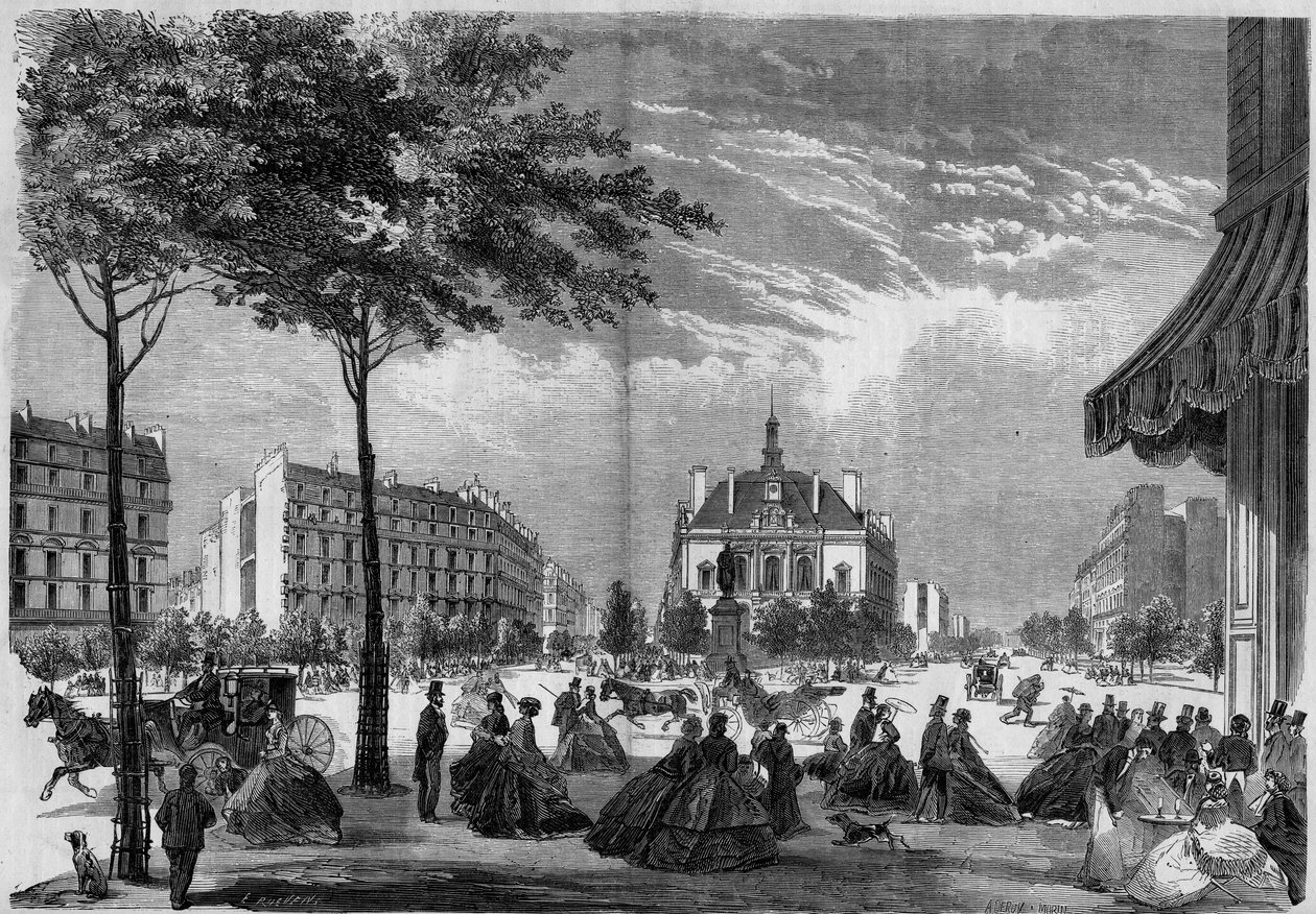 Förvandlingar av Paris under det andra imperiet, Paris Haussmann: det nya rådhuset i XI arrondissementet i Paris. (Du kan se Voltaire Boulevard och Parmentier Avenue). Gravity från 1865. av French School