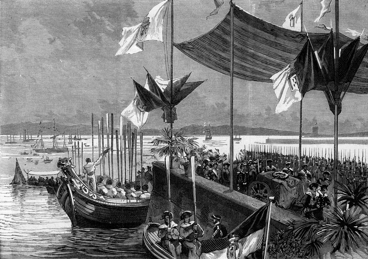 Översättning av askan efter Luis Vaz de Camoes och Vasco de Gama, Portugal, 9 juni 1880: skällande i hamnen i Belem resterna av poeten Luis Vaz de Camoes känd som kamoanerna (1525-1580) och navigatören Vasco de Gama (1459-1524). Gravyr i "" L av French School