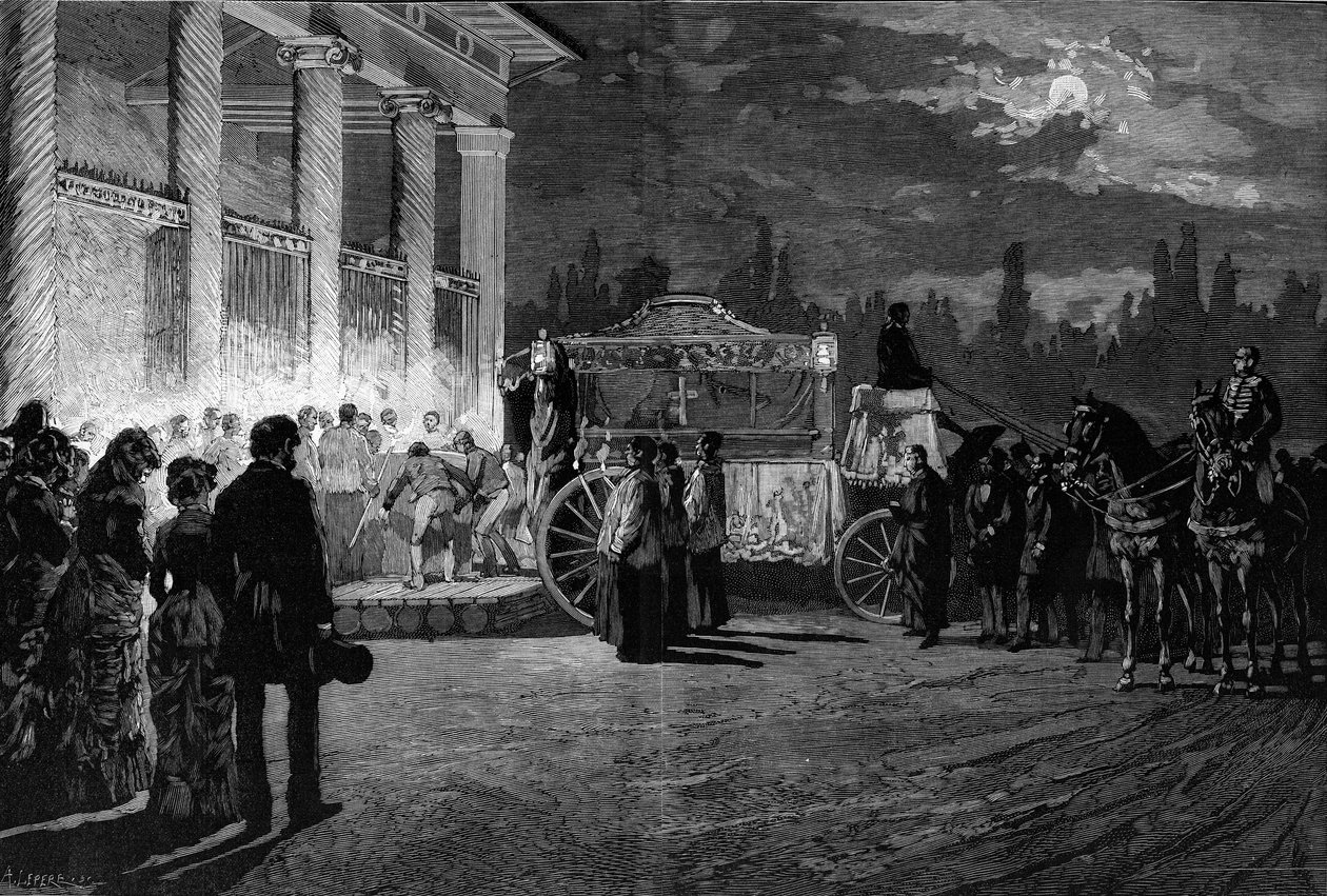 Översättning av påven Pius IX:s (1792-1878) aska: ankomsten av kortegen till St. Lawrence-kyrkan i Rom den 12 juli 1881. Gravyr av Pelicer i "" Le Monde Illustré"" nr 1271 av 6 augusti 1881 . av French School