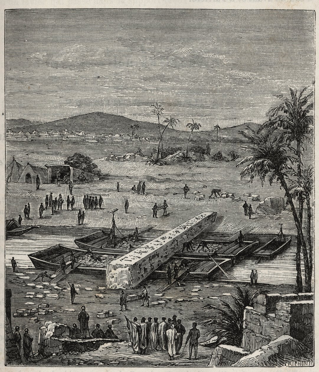 Transport av obelisken av Ptolemaios Philadelph (Ptolemaios Philadelphos) (Ptolemaios II) på Nilen till Alexandria - Gravyr i "" Vetenskaper tillgängliga för alla - Populär fysik och kemi"" av Alexis Clerc - Slutet av 1800-talet - Privat samling av French School