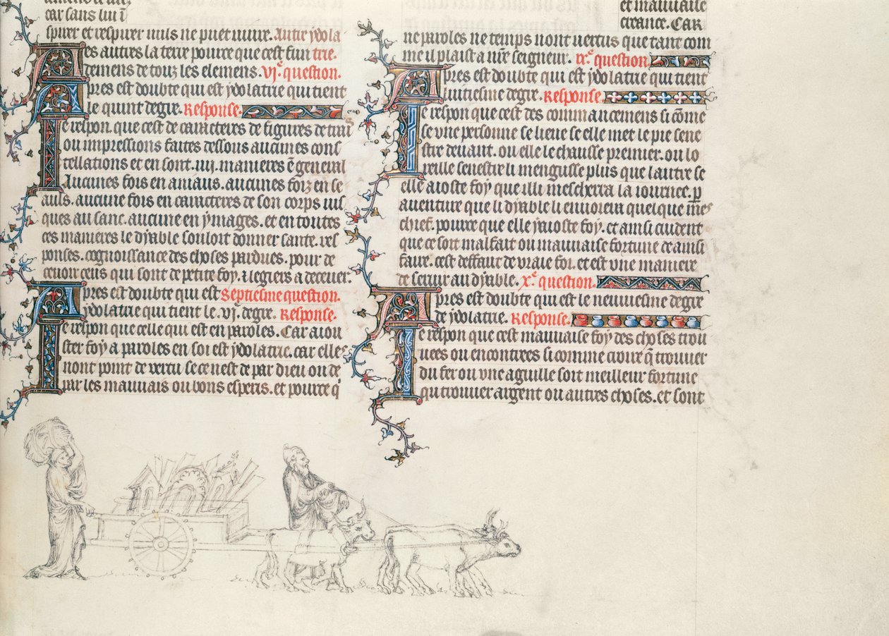 Transportera tillhörigheter i en oxdragen vagn, ofärdiga miniatyr från The Bible of Jean de Sy, ca 1355 av French School