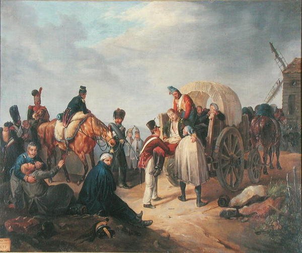 Transportera skadade med vagn (olja på duk) av French School