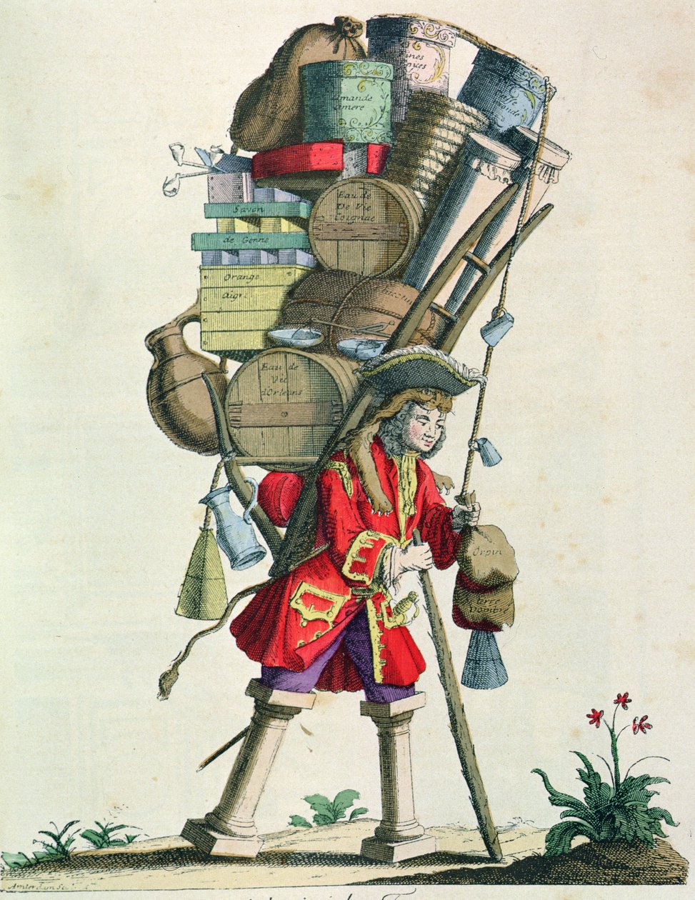 Resande krydd-, sprit- och botemedelssäljare 1721, från Costumes de Paris a Travers les Siecles, publicerad 1887 (färggravyr) av French School