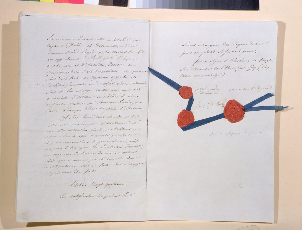 Fördrag mellan Napoleon I (1769-1821) och kejsar Franz II (1768-1835), undertecknat i Presburg den 26 december 1805 (penna och bläck på papper) av French School
