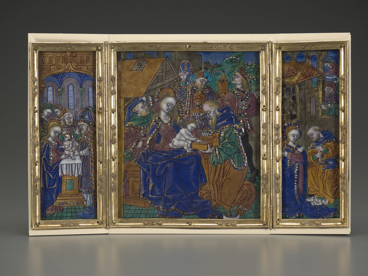 Triptyk: Omskärelse, Epifania, Födelsekyrkan, ca 1490 (emalj på koppar) av French School