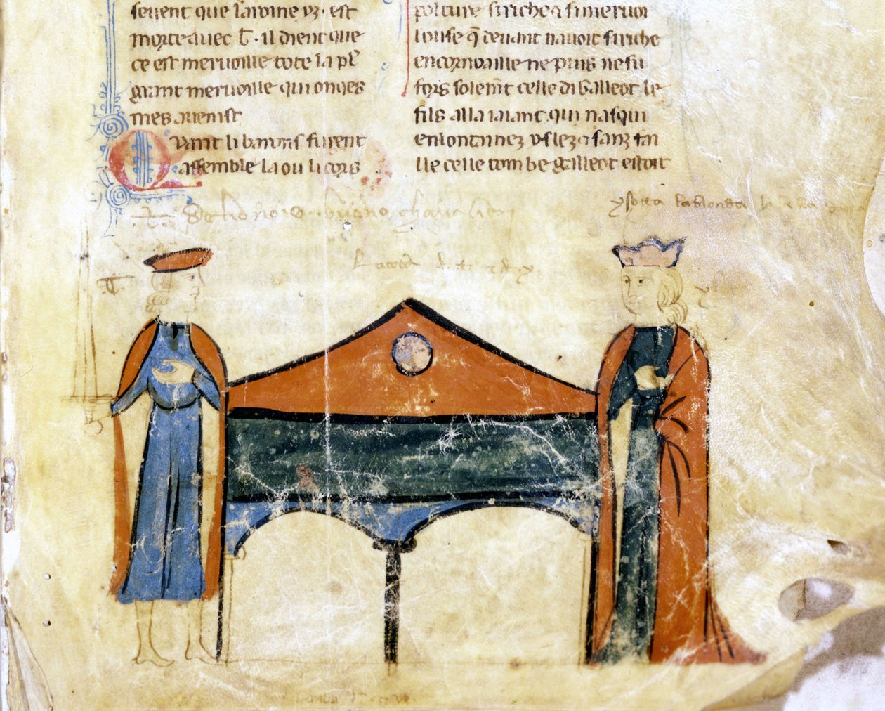 Tristan och Iseult. Miniatyr av ett franskt manuskript från 1300-talet. Bibl. Marciana, Venedig. av French School