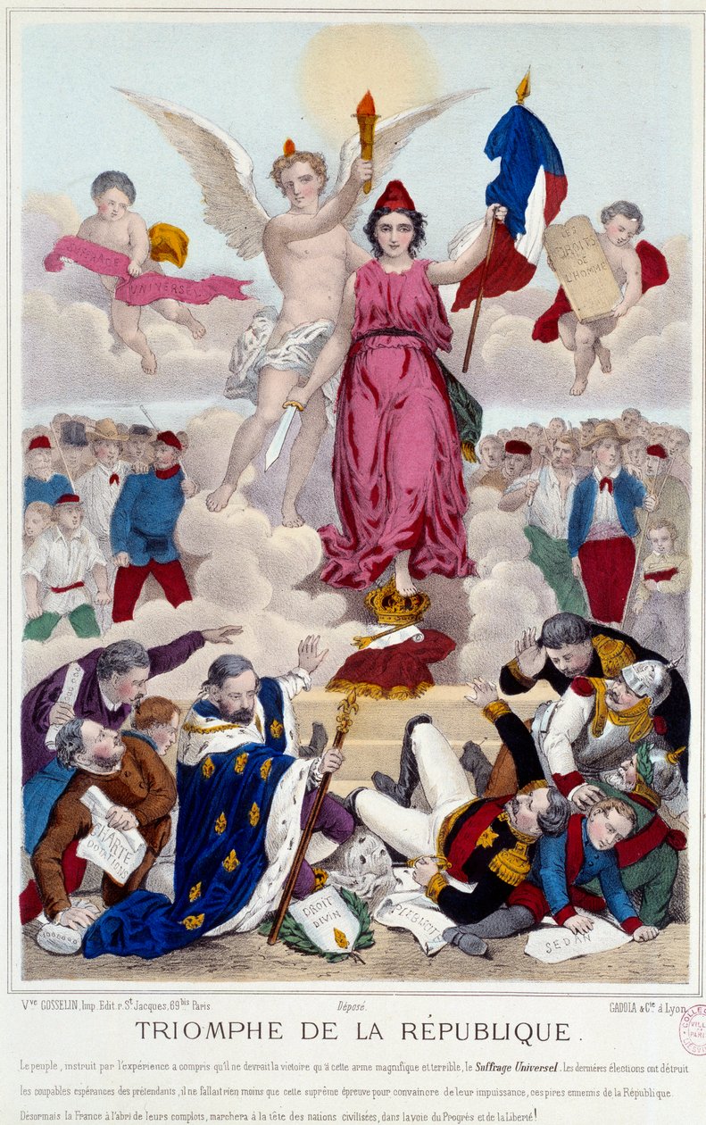 Republikens triumf, gravyr från 1875. Allegori om allmän rösträtt som förgör republikens fiender: "[...] Men Frankrike är skyddat från deras konspiration och går i spetsen för de civiliserade nationerna på framstegets och frihetens väg". av French School
