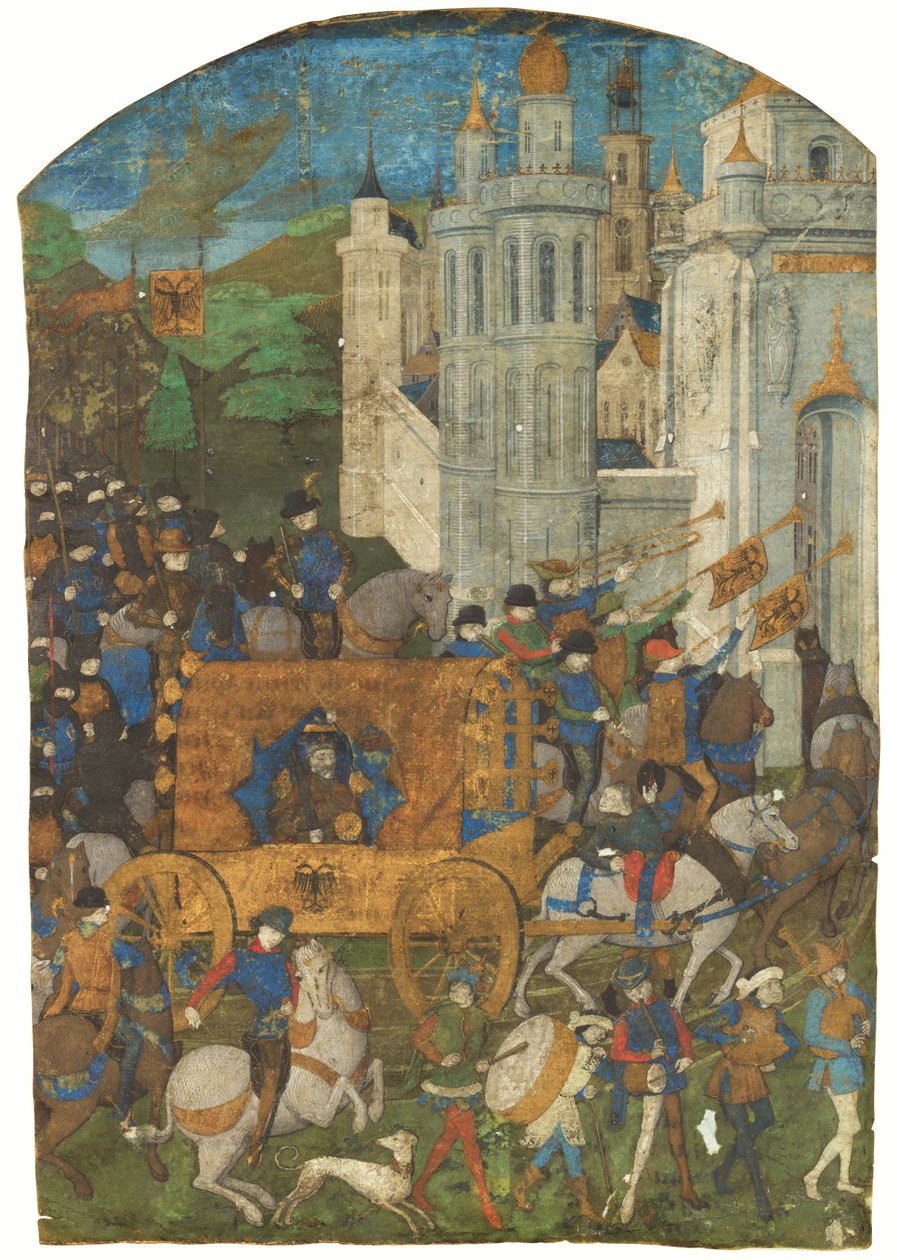 Triumftåget av den helige romerska kejsaren, klippt från ett manuskript, Rouen, tredje kvartalet 1400-talet av French School