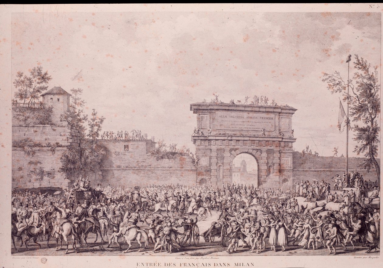 De franska trupperna under Napoleon Bonaparte intar Milano i triumf den 15 maj av French School
